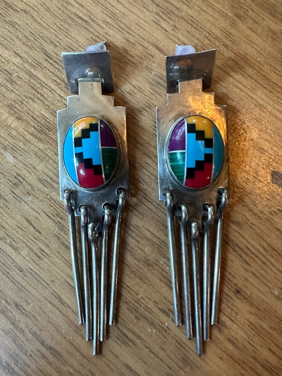 Handmade Jewelry - Handmade Vintage Zuni Sterling Silver & Multicolor Inlaid Stones Earrings Signed